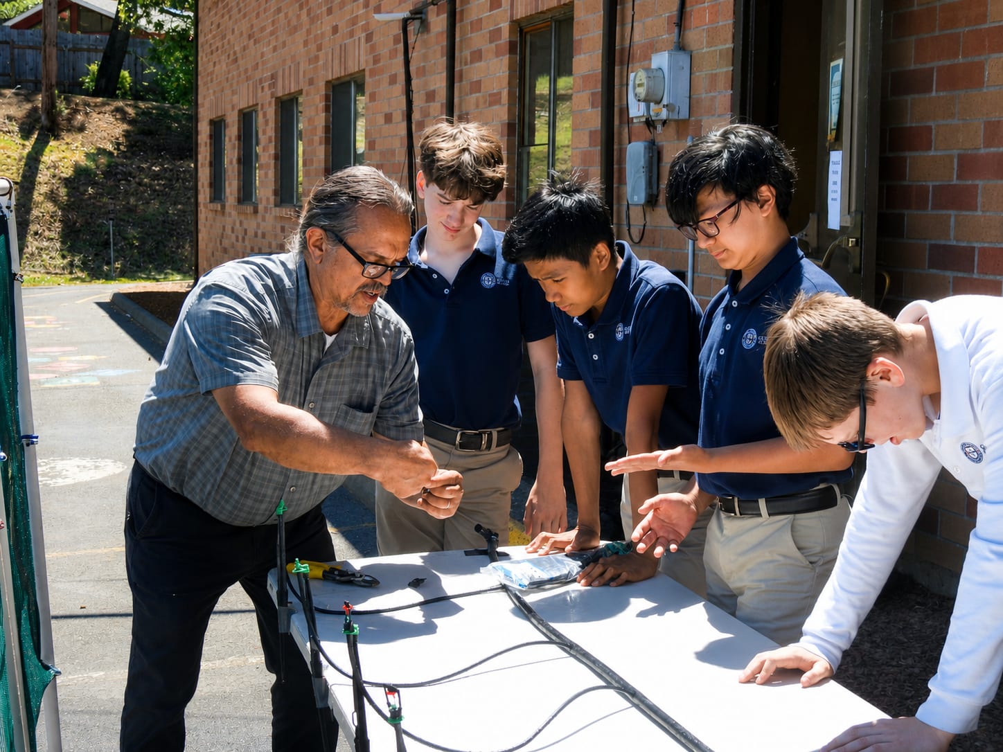 A Geneva Academy teacher leading a hands-on lesson outdoors with students