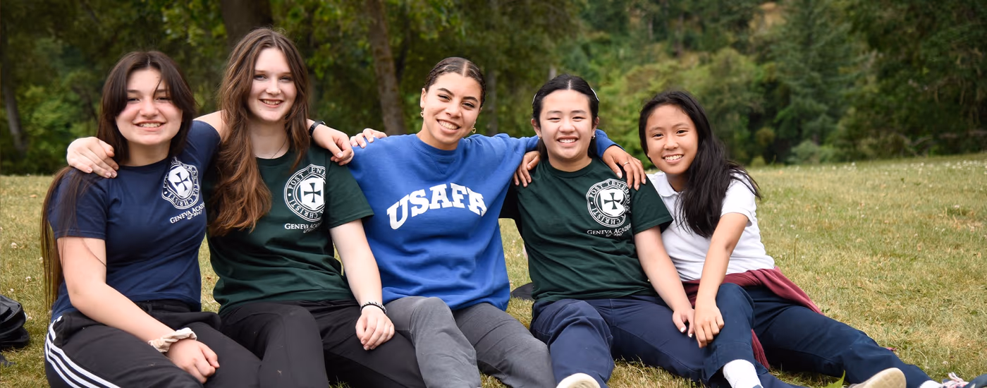 Geneva Academy students together outdoors at a classical Christian school in Roseburg, Oregon